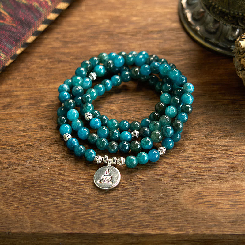 Buddha Stones 108 Mala Beads Apatite Bead Om The Tree Of Life Lotus Buddha Bracelet - Apatite-Yoga - image 17