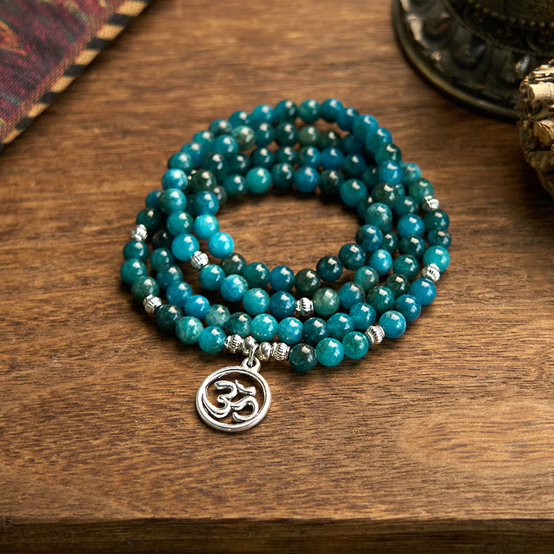 Buddha Stones 108 Mala Beads Apatite Bead Om The Tree Of Life Lotus Bracelet - Apatite-OM - image 0