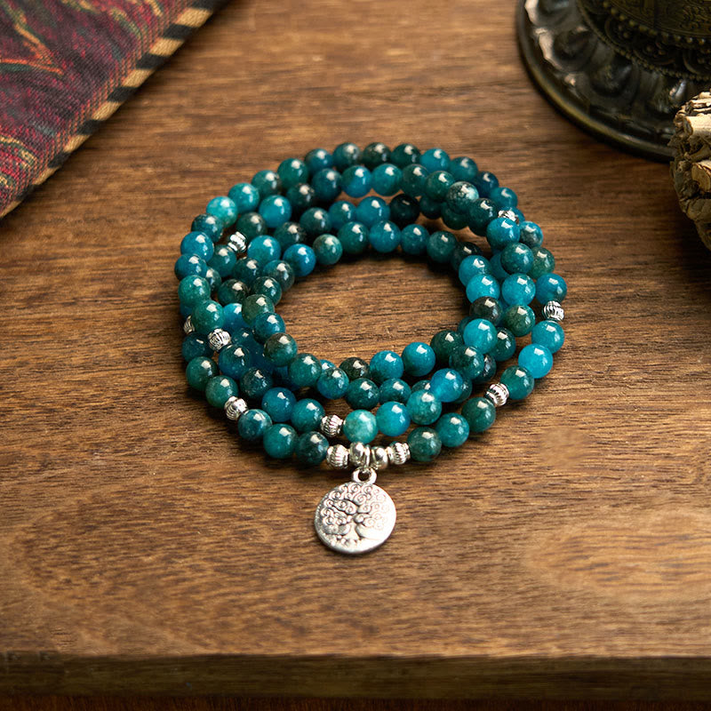 Buddha Stones 108 Mala Beads Apatite Bead Om The Tree Of Life Lotus Buddha Bracelet - Apatite-The Tree Of Life - image 6