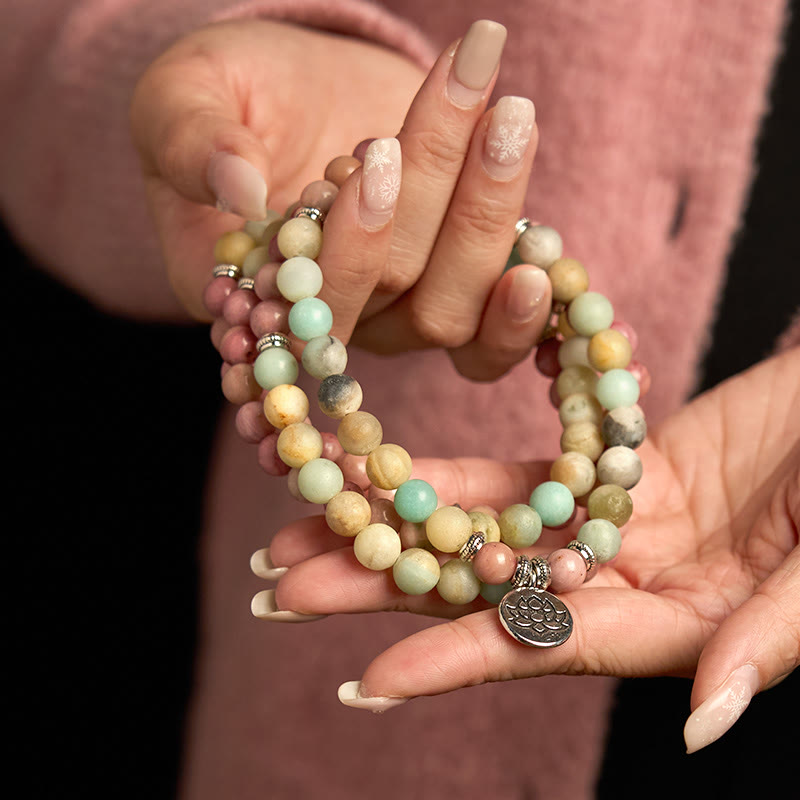 Buddha Stones 108 Mala Rhodonite Amazonite Beads Lotus Compassion Bracelet - image 2