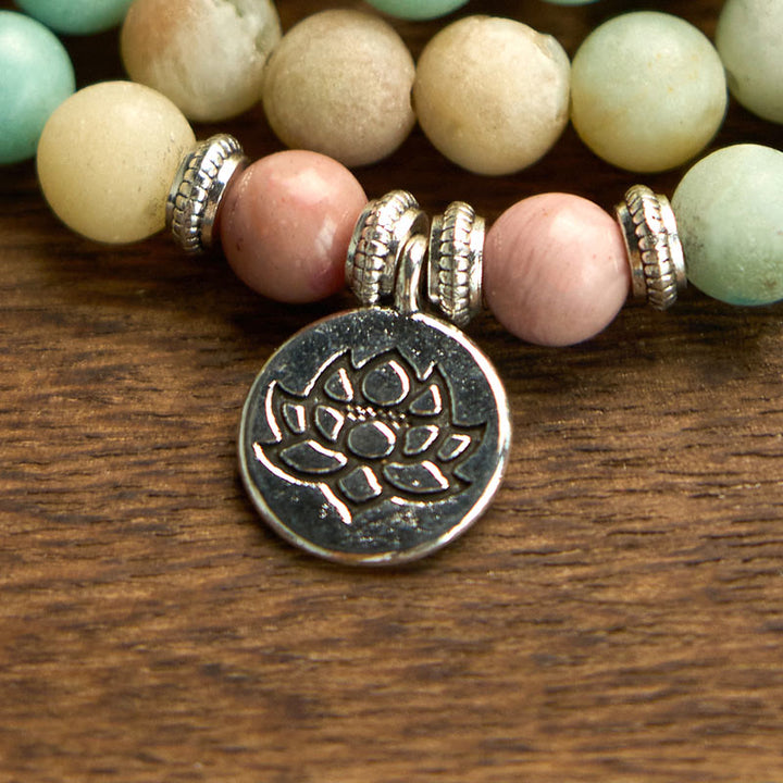 Buddha Stones 108 Mala Rhodonite Amazonite Beads Lotus Compassion Bracelet - image 5