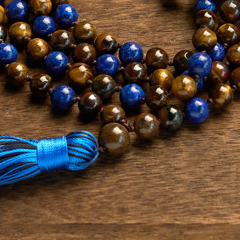 Buddha Stones 108 Beads Natural Stone Tiger Eye Lazurite Mala Tassel Protection Bracelet - image 5