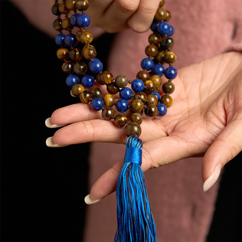 Buddha Stones 108 Beads Natural Stone Tiger Eye Lazurite Mala Tassel Protection Bracelet - image 4
