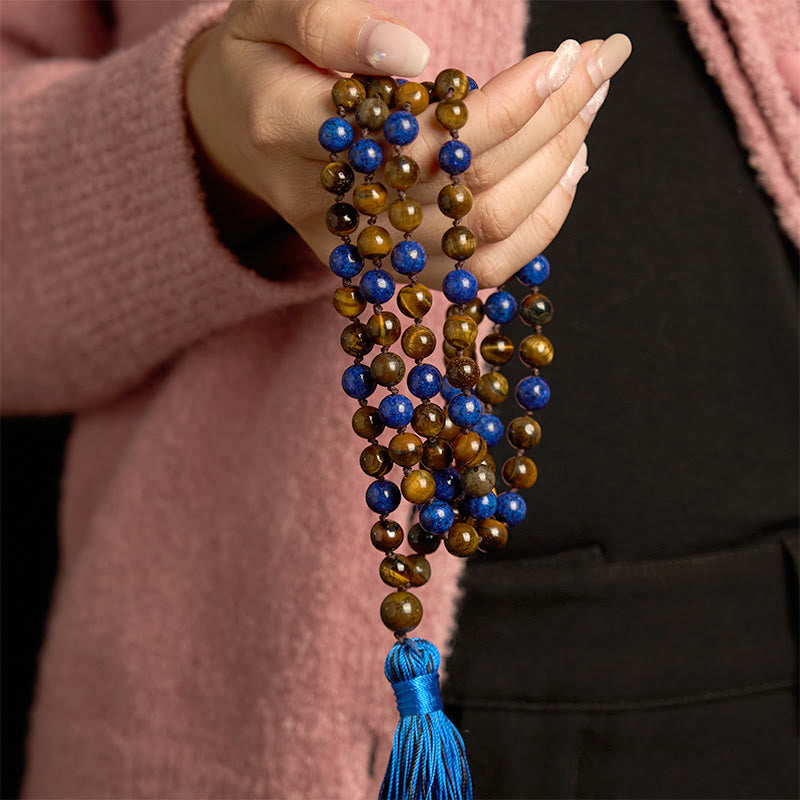 Buddha Stones 108 Beads Natural Stone Tiger Eye Lazurite Mala Tassel Protection Bracelet - image 3
