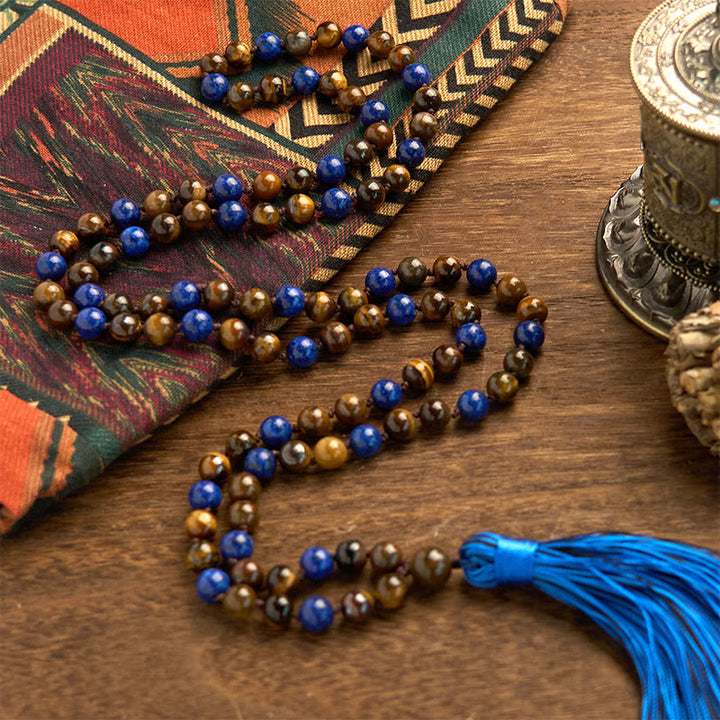 Buddha Stones 108 Beads Natural Stone Tiger Eye Lazurite Mala Tassel Protection Bracelet - image 2
