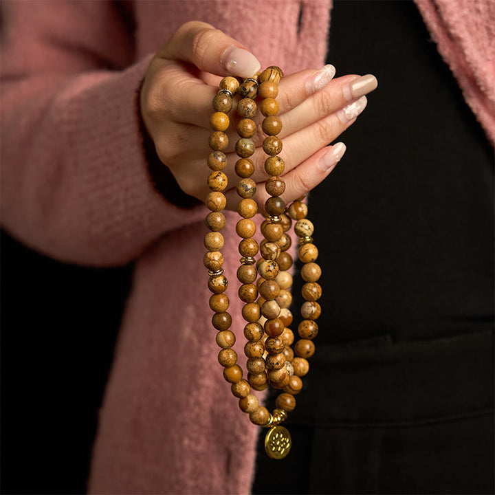 Buddha Stones 108 Beads Picture Jasper Mala Lotus Courage Bracelet - image 3