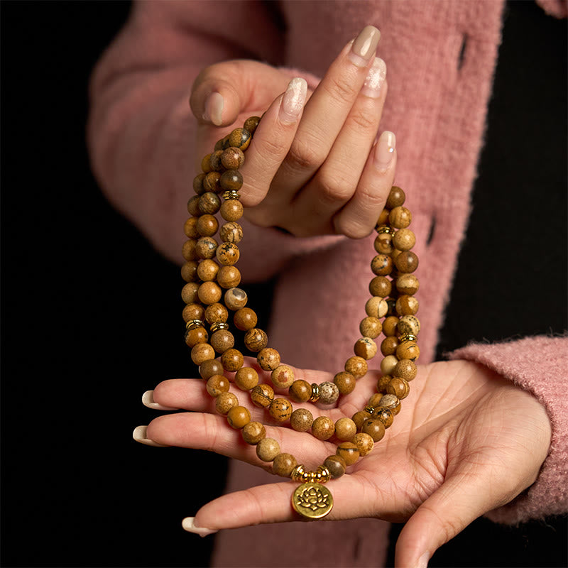 Buddha Stones 108 Beads Picture Jasper Mala Lotus Courage Bracelet - image 2