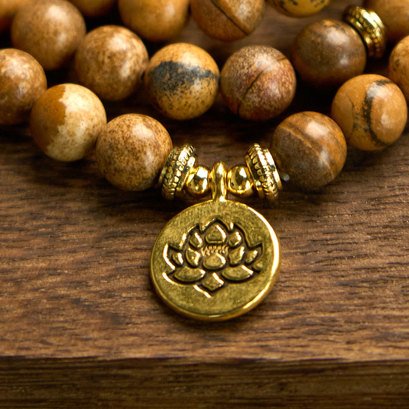 Buddha Stones 108 Beads Picture Jasper Mala Lotus Courage Bracelet - image 6