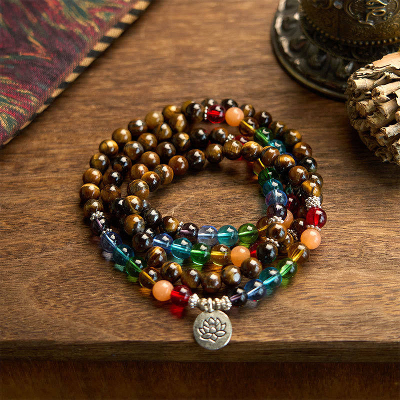 Buddha Stones 108 Mala Beads Natural Stone Tiger Eye Colored Beads Lotus Protection Bracelet - Tiger Eye(Wrist Circumference: 14-16cm) - image 0