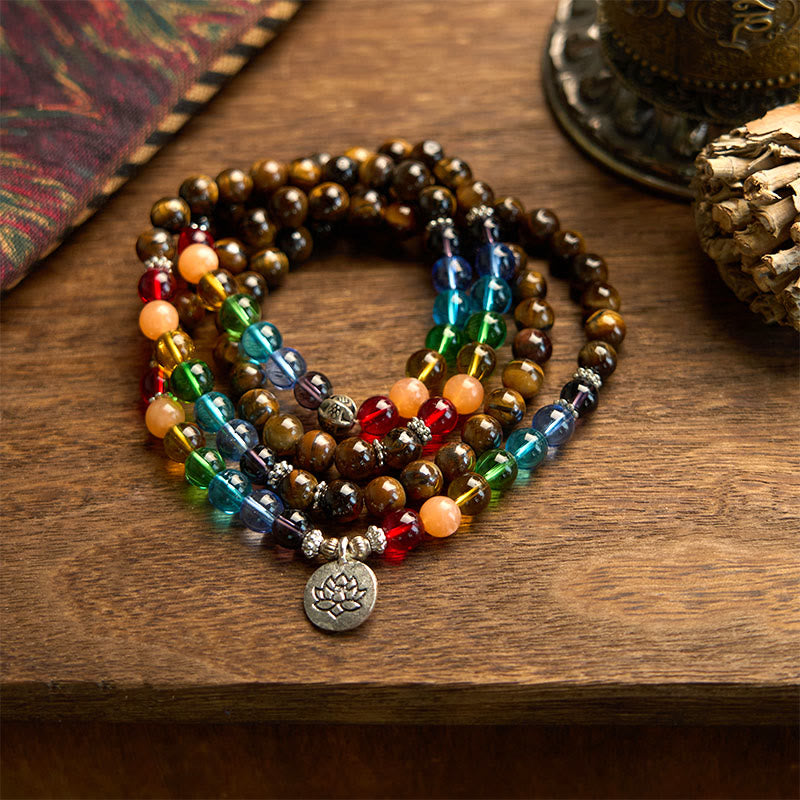 Buddha Stones 108 Mala Beads Natural Stone Tiger Eye Colored Beads Lotus Protection Bracelet - image 4
