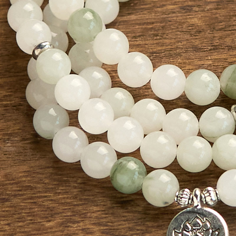 Buddha Stones 108 Mala Beads Natural Tianshan Jade Lotus Luck Bracelet - image 6