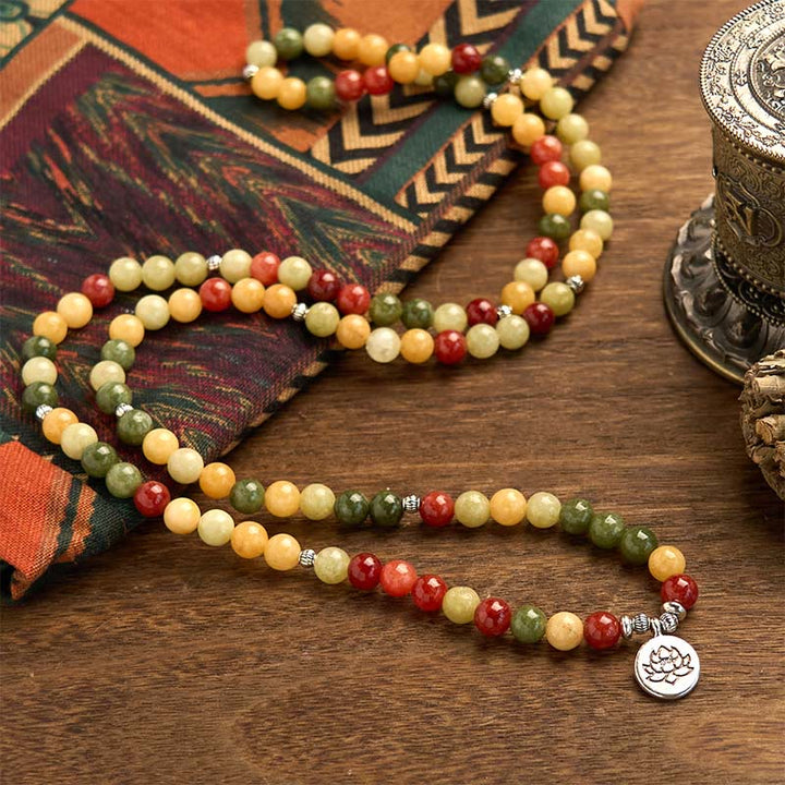 Buddha Stones 108 Mala Beads Natural Colored Stone Topaz Red Jasper Green Jasper Lotus Protection Bracelet - image 2