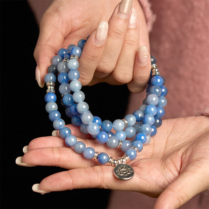 Buddha Stones 108 Mala Beads Multi-layer Natural Blue Aventurine Lotus Calm Bracelet - image 9