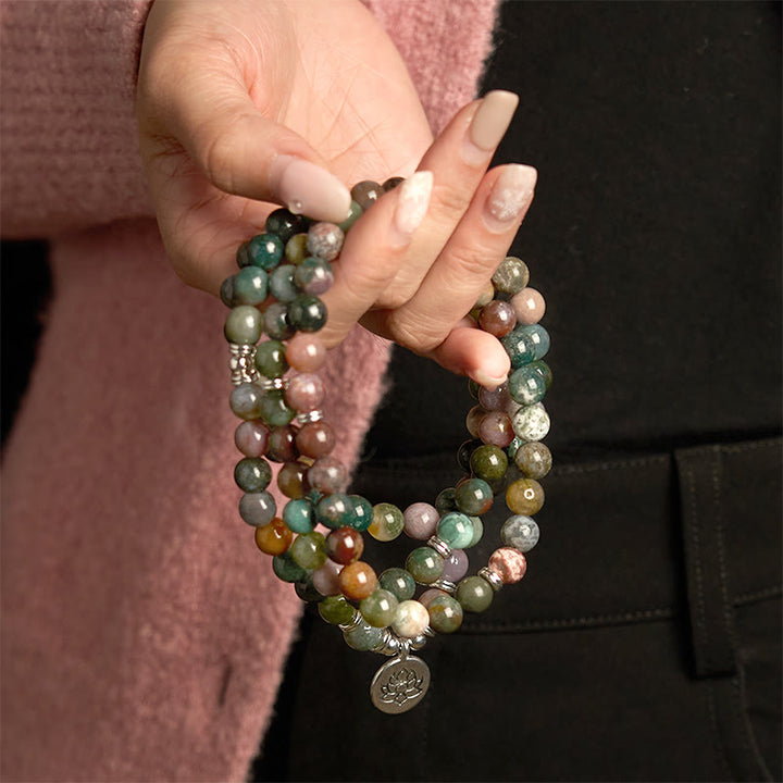 Buddha Stones 108 Mala Beads Natural Stone Indian Agate Lotus Calm Bracelet - image 3