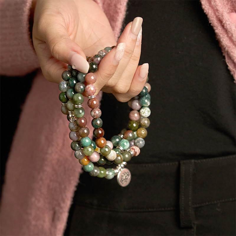 Buddha Stones 108 Mala Beads Natural Stone Indian Agate Lotus Calm Bracelet - image 5