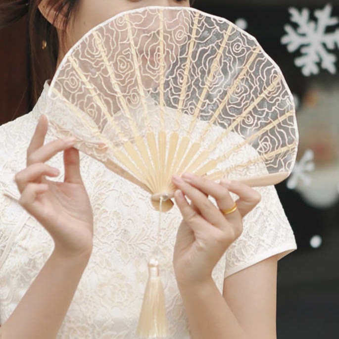 Buddha Stones Rose Embroidery Lace Shell Shape Tassels Handheld Bamboo Folding Fan - OldLace Rose 22cm - image 0