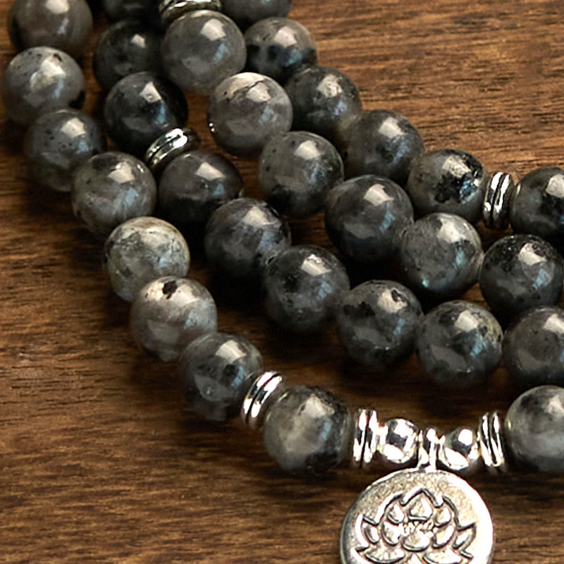 Buddha Stones 108 Mala Beads Multi-layer Natural Black Glitter Stone Lotus Positivity Bracelet - image 4