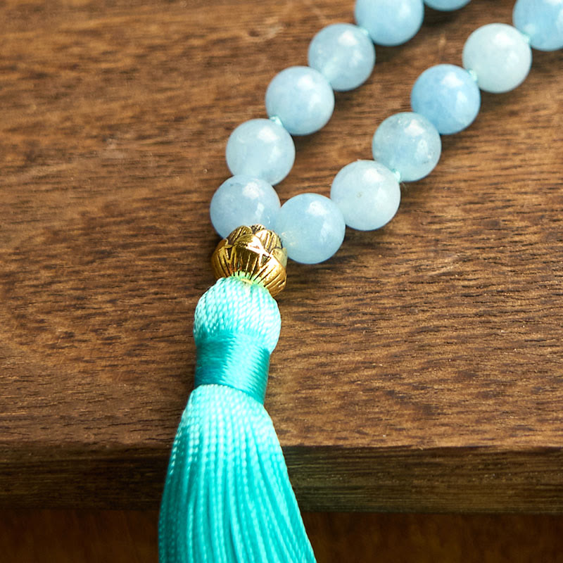 Buddha Stones 108 Mala Beads Natural Stone Aquamarine Tassel Lotus Healing Bracelet - image 10