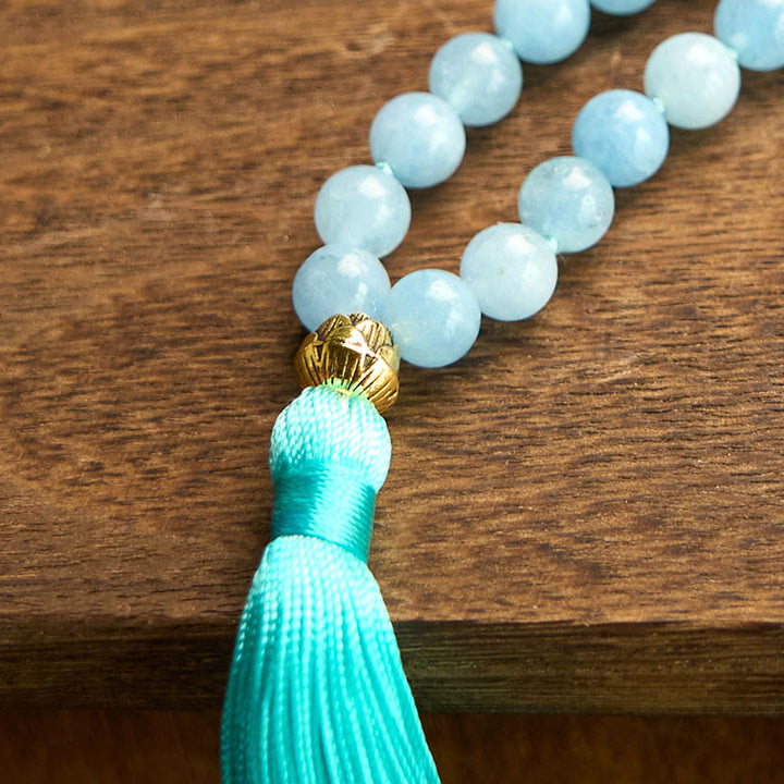 Buddha Stones 108 Mala Beads Natural Stone Aquamarine Tassel Lotus Healing Bracelet - image 10