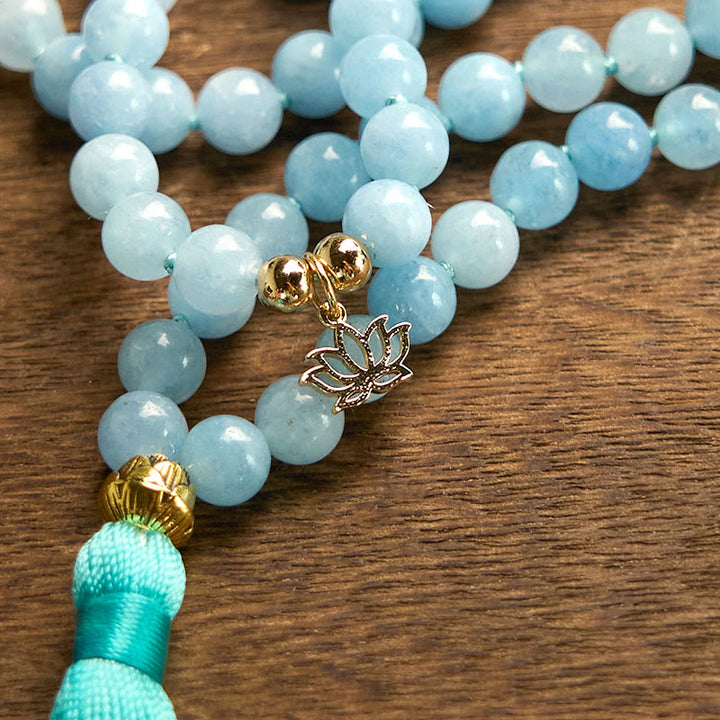 Buddha Stones 108 Mala Beads Natural Stone Aquamarine Tassel Lotus Healing Bracelet - image 8