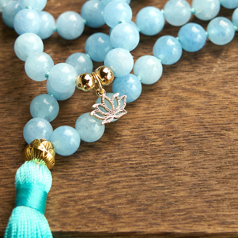 Buddha Stones 108 Mala Beads Natural Stone Aquamarine Tassel Lotus Healing Bracelet - image 9