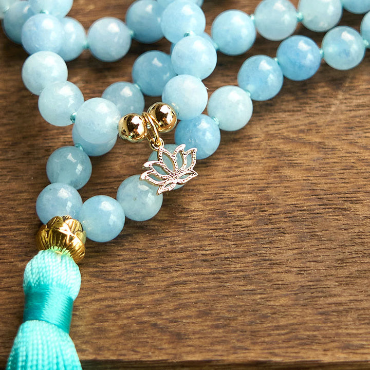 Buddha Stones 108 Mala Beads Natural Stone Aquamarine Tassel Lotus Healing Bracelet - image 9