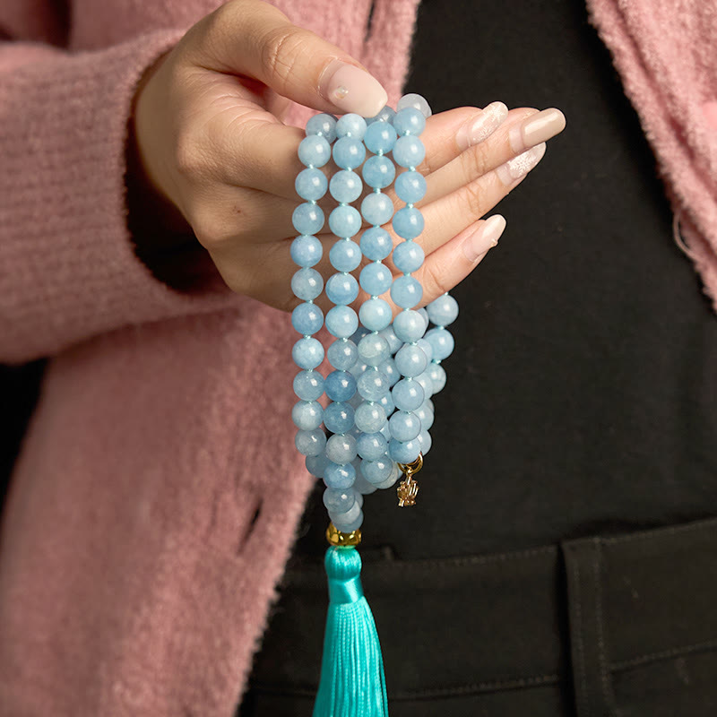 Buddha Stones 108 Mala Beads Natural Stone Aquamarine Tassel Lotus Healing Bracelet - image 3