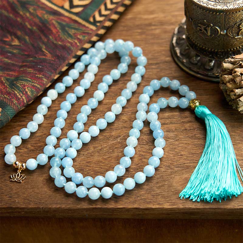 Buddha Stones 108 Mala Beads Natural Stone Aquamarine Tassel Lotus Healing Bracelet - image 2