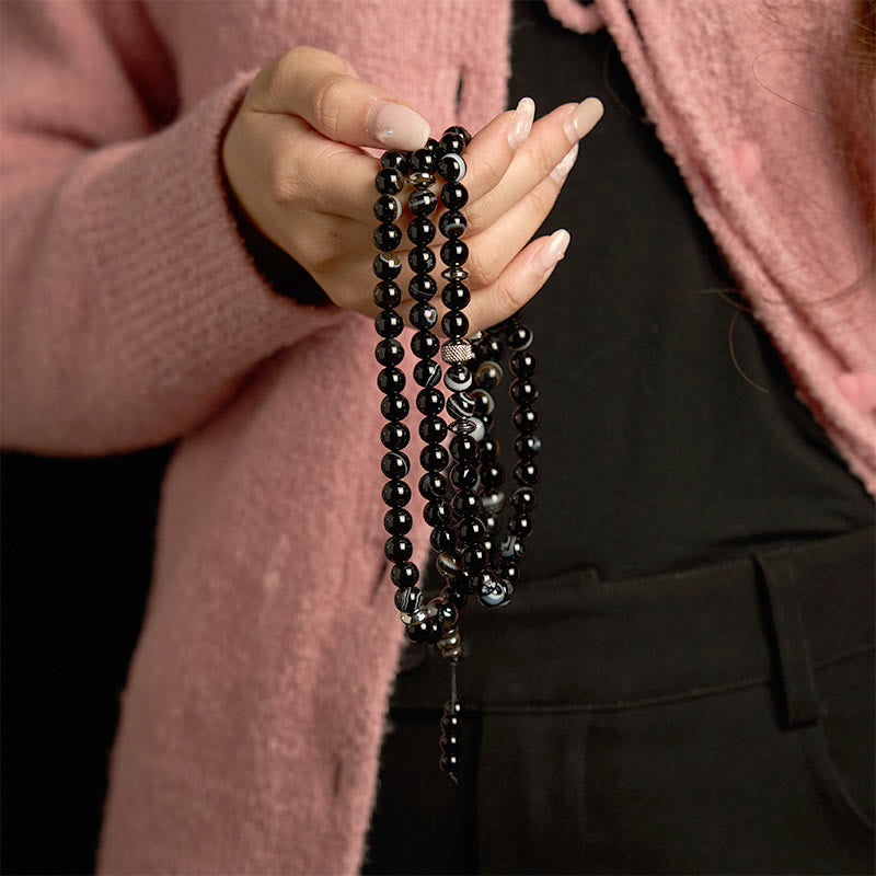 Buddha Stones 108 Mala Beads Natural Stone Black Onyx Protection Bracelet - image 2