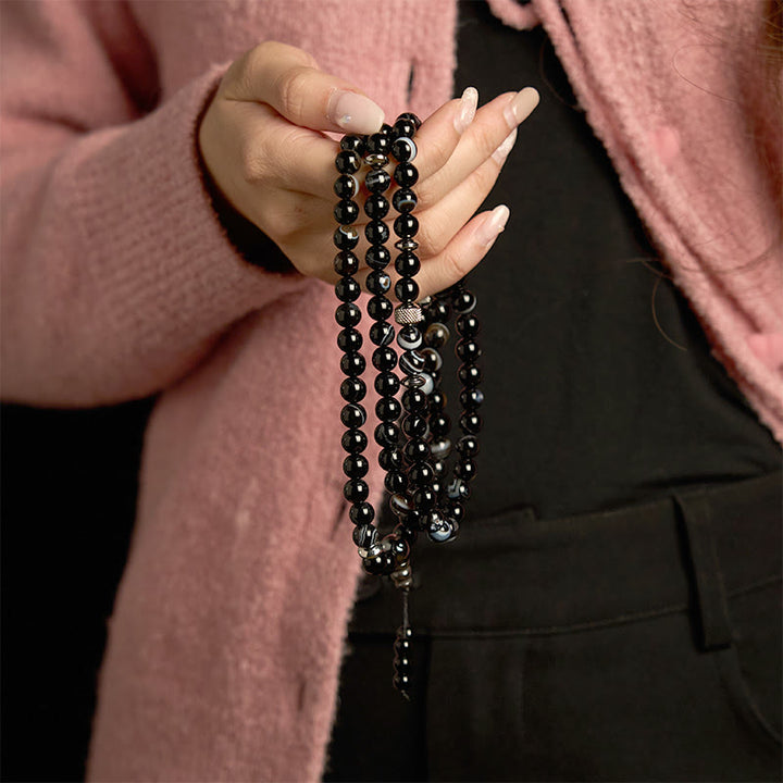 Buddha Stones 108 Mala Beads Natural Stone Black Onyx Protection Bracelet - image 2