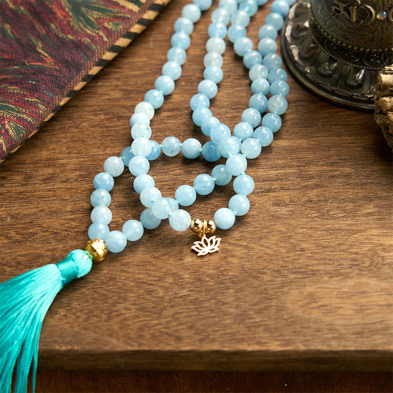 Buddha Stones 108 Mala Beads Natural Stone Aquamarine Tassel Lotus Healing Bracelet - image 6