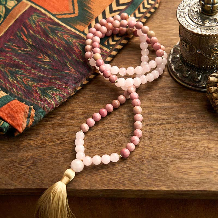 Buddha Stones 108 Mala Beads Rhodonite Rose Quartz Tassel Healing Bracelet - image 8