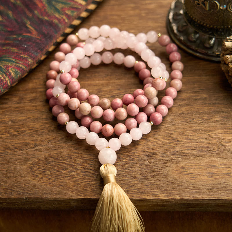 Buddha Stones 108 Mala Beads Rhodonite Rose Quartz Tassel Healing Bracelet - Rhodonite&Rose Quartz(Wrist Circumference: 14-16cm) - image 0