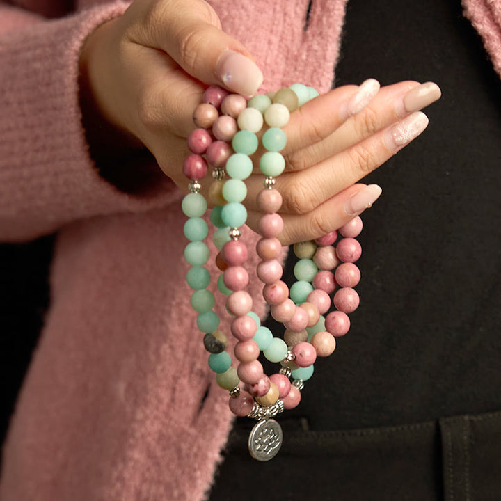 Buddha Stones 108 Mala Beads Rhodonite Amazonite Lotus Healing Bracelet - image 2