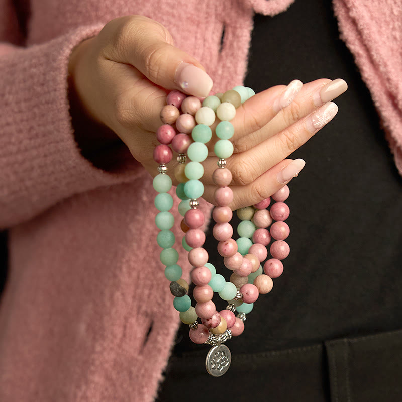 Buddha Stones 108 Mala Beads Rhodonite Amazonite Lotus Healing Bracelet - image 4