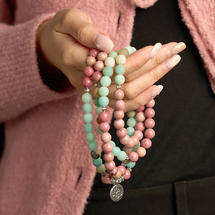 Buddha Stones 108 Mala Beads Rhodonite Amazonite Lotus Healing Bracelet - image 4