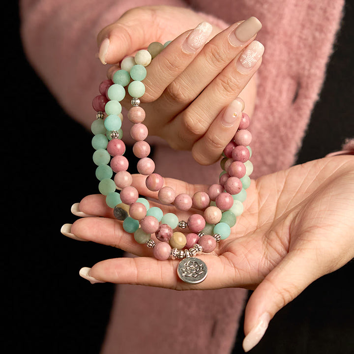 Buddha Stones 108 Mala Beads Rhodonite Amazonite Lotus Healing Bracelet - image 3