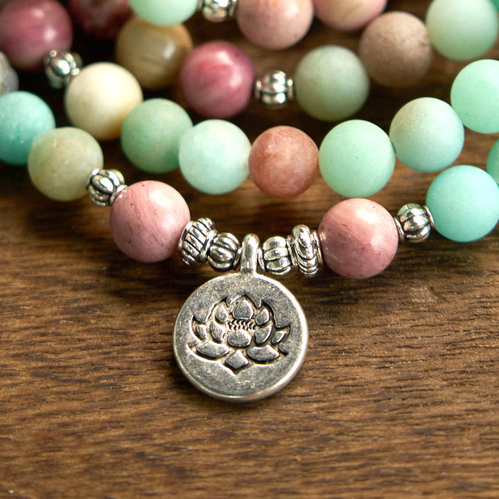 Buddha Stones 108 Mala Beads Rhodonite Amazonite Lotus Healing Bracelet - image 5