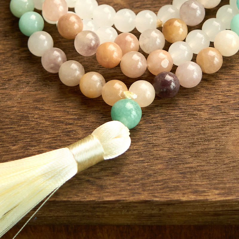 Buddha Stones 108 Mala Beads Natural White Jade Amazonite White Tassel Healing Bracelet - image 9