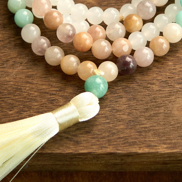 Buddha Stones 108 Mala Beads Natural White Jade Amazonite White Tassel Healing Bracelet - image 9