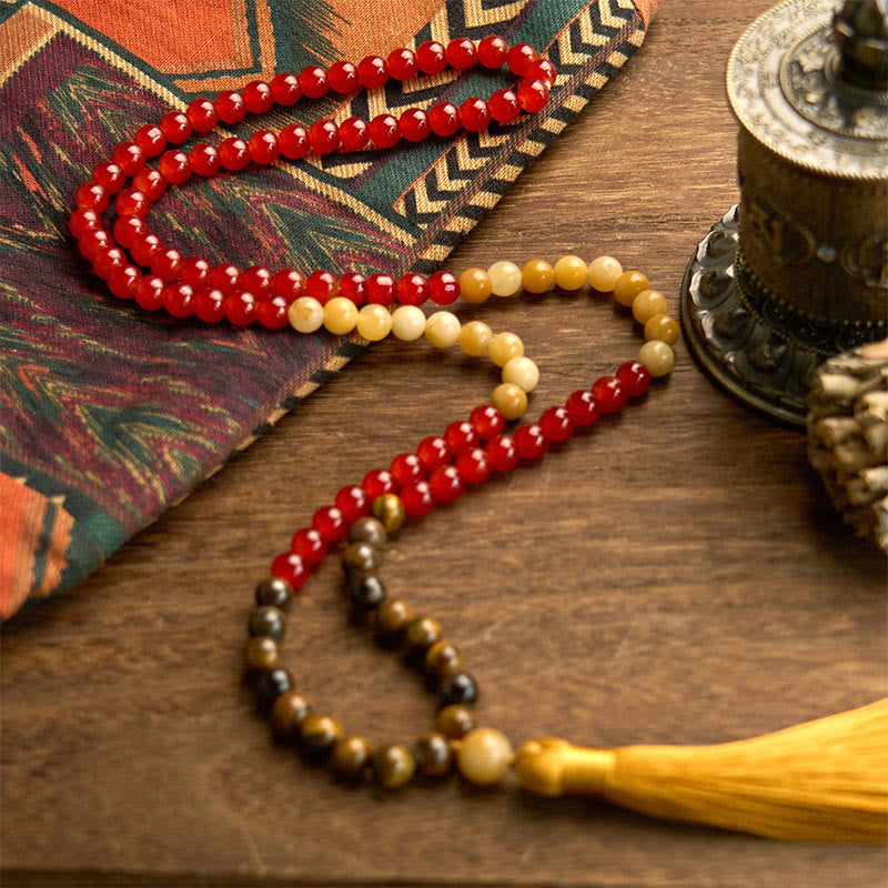 Buddha Stones 108 Mala Beads Red Agate Tiger Eye Yellow Tassel Calm Bracelet - image 4