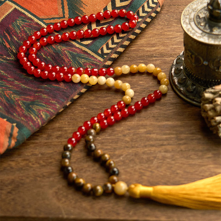 Buddha Stones 108 Mala Beads Red Agate Tiger Eye Yellow Tassel Calm Bracelet - image 4