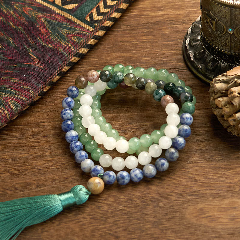 Buddha Stones 108 Mala Beads Natural Green Aventurine Blue Spot Jasper Indian Agate Green Tassel Luck Bracelet - image 6