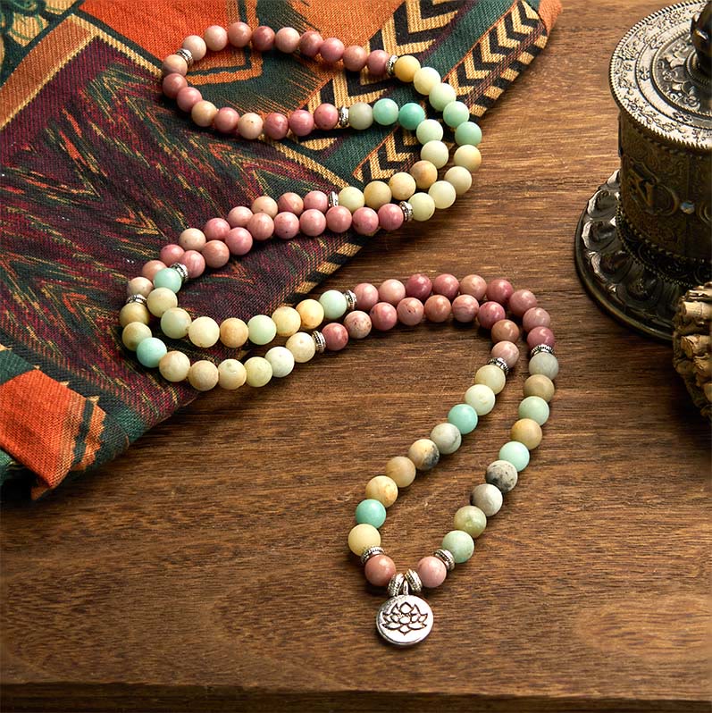 Buddha Stones 108 Mala Rhodonite Amazonite Beads Lotus Compassion Bracelet - image 1