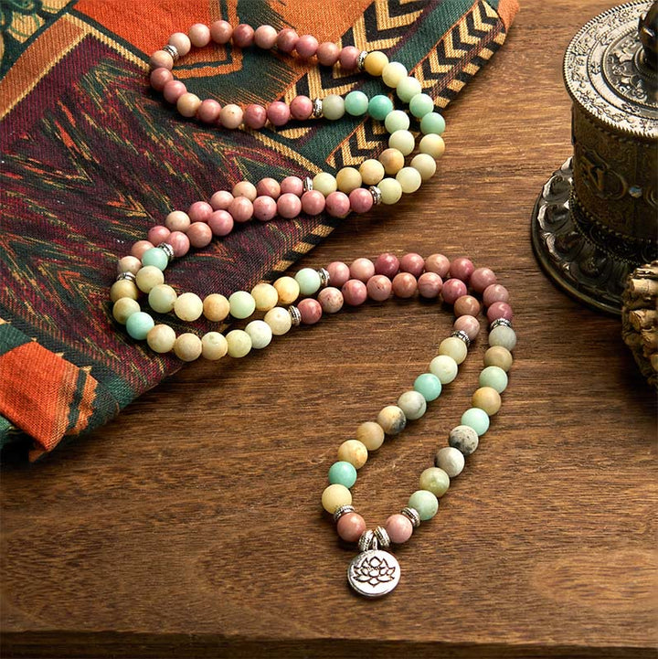 Buddha Stones 108 Mala Rhodonite Amazonite Beads Lotus Compassion Bracelet - image 1