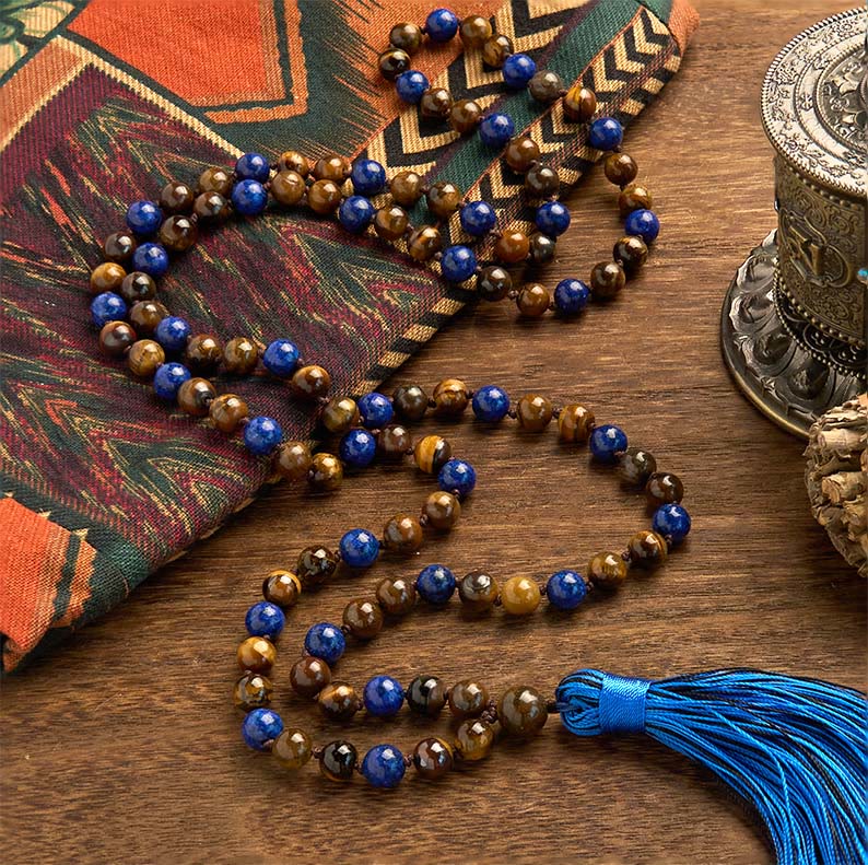 Buddha Stones 108 Beads Natural Stone Tiger Eye Lazurite Mala Tassel Protection Bracelet - image 1
