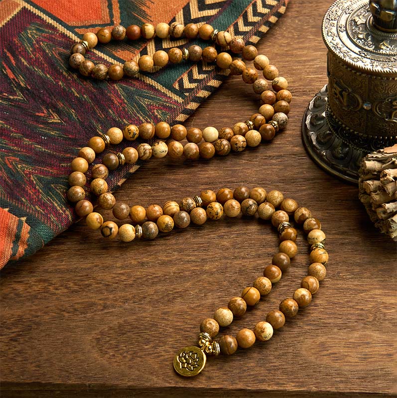 Buddha Stones 108 Beads Picture Jasper Mala Lotus Courage Bracelet - image 1