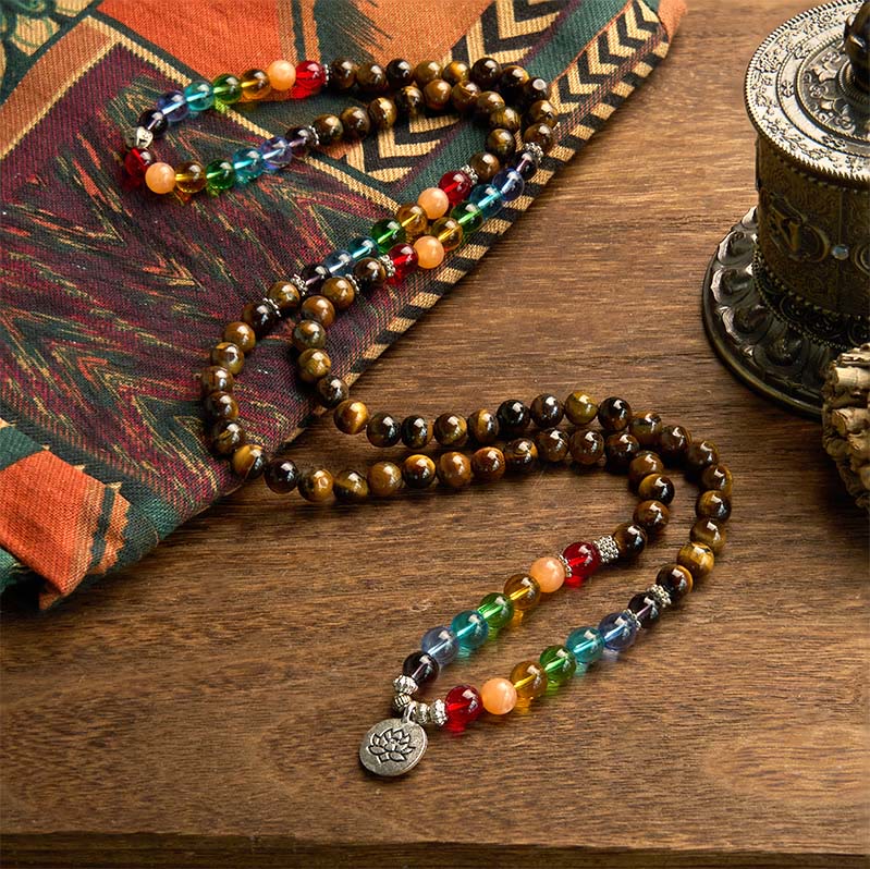 Buddha Stones 108 Mala Beads Natural Stone Tiger Eye Colored Beads Lotus Protection Bracelet - image 1