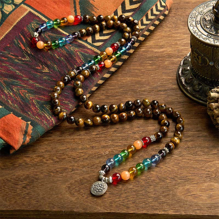 Buddha Stones 108 Mala Beads Natural Stone Tiger Eye Colored Beads Lotus Protection Bracelet - image 1