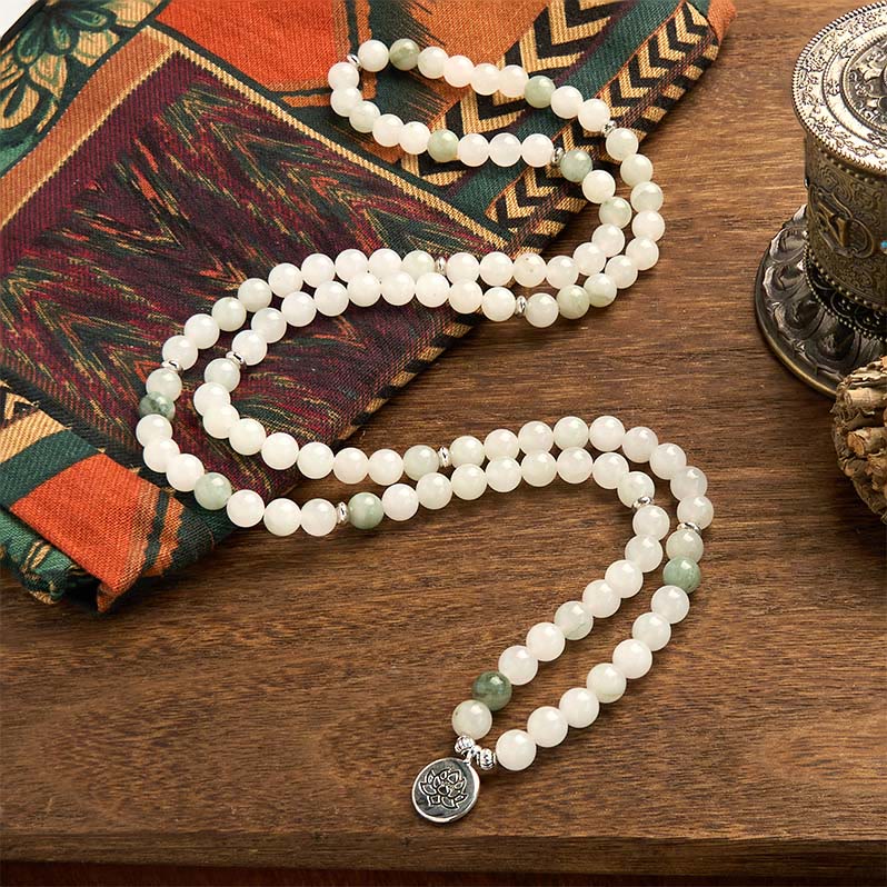 Buddha Stones 108 Mala Beads Natural Tianshan Jade Lotus Luck Bracelet - image 1